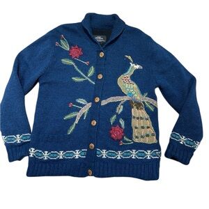 Lost Horizons Wool Peacock Handcrafted Sweater Jacket Womens L Fleece Lined Boho